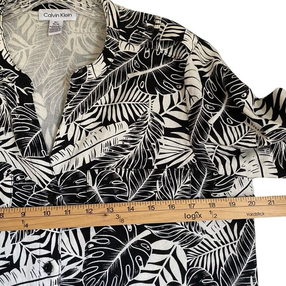 Calvin Klein Linen Tunic Shirt M Floral Black White Button Up Vacation Coastal - Picture 3 of 9